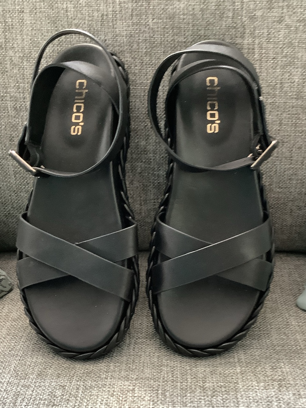 Chico's Black Braided-Edge Crisscross Ankle-Strap Sandals